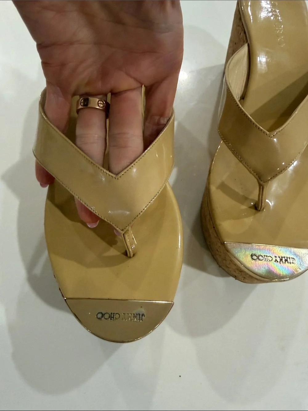 Jimmy Choo Nude Patent Cork Wedge Thongs
